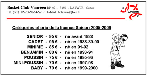 PRIX DES LICENCES ET CATEGORIES 2005-2006