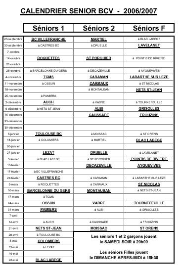 Les calendriers des sniors garons 1, 2 et Filles